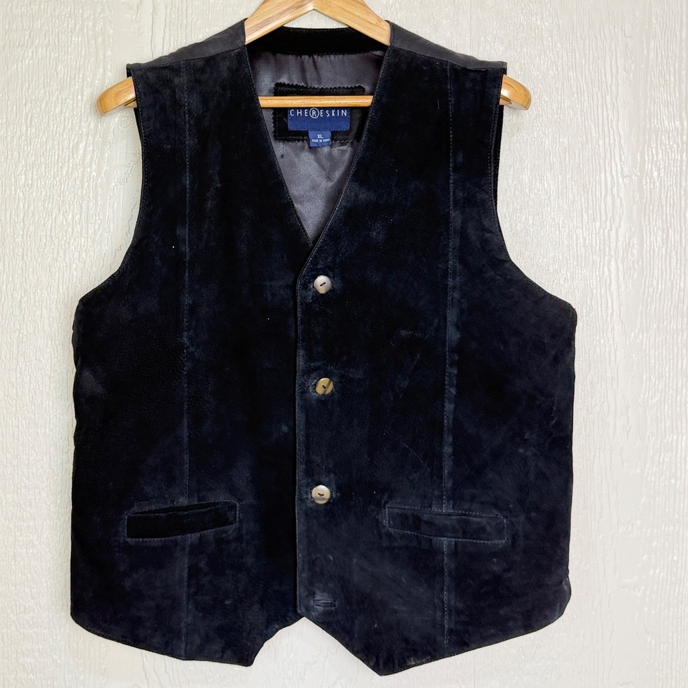 Chereskin Vintage Mens Black Genuine Leather Suede Vest XL Western Biker